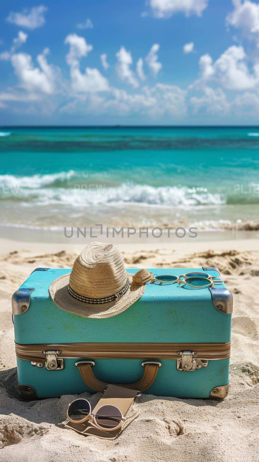 A suitcase, hat and sunglasses on the beach near a blue ocean