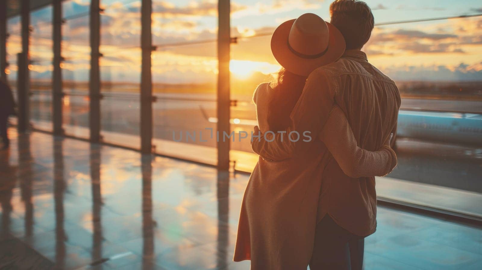 A couple embracing at an airport terminal window with a view of the sky