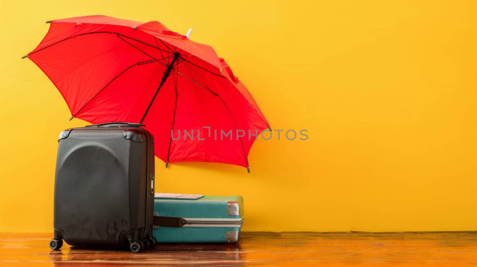 A red umbrella and luggage on a yellow wall