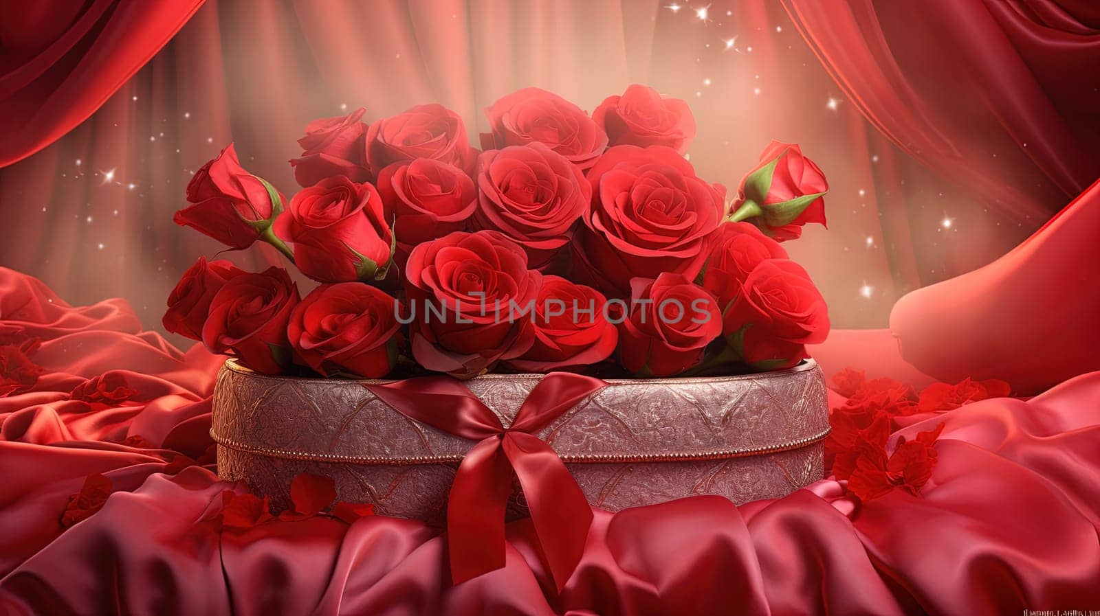 A luxurious gift box wrapped in vibrant red silk, nestled in a bed of velvety red roses, soft petals scattering around, creating an enchanting Valentine's Day ambiance by Kadula