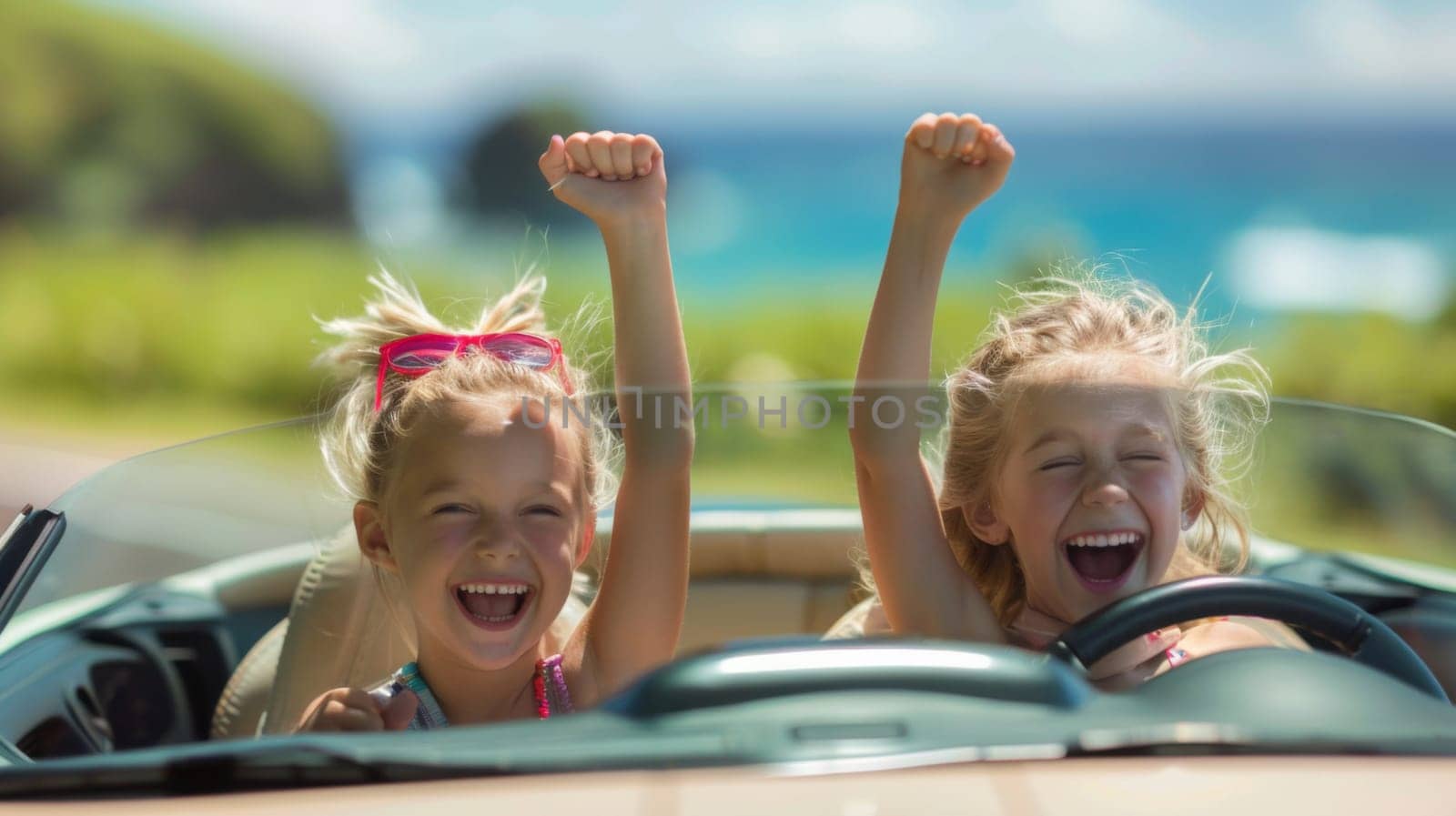 Two little girls in a convertible car with their arms up