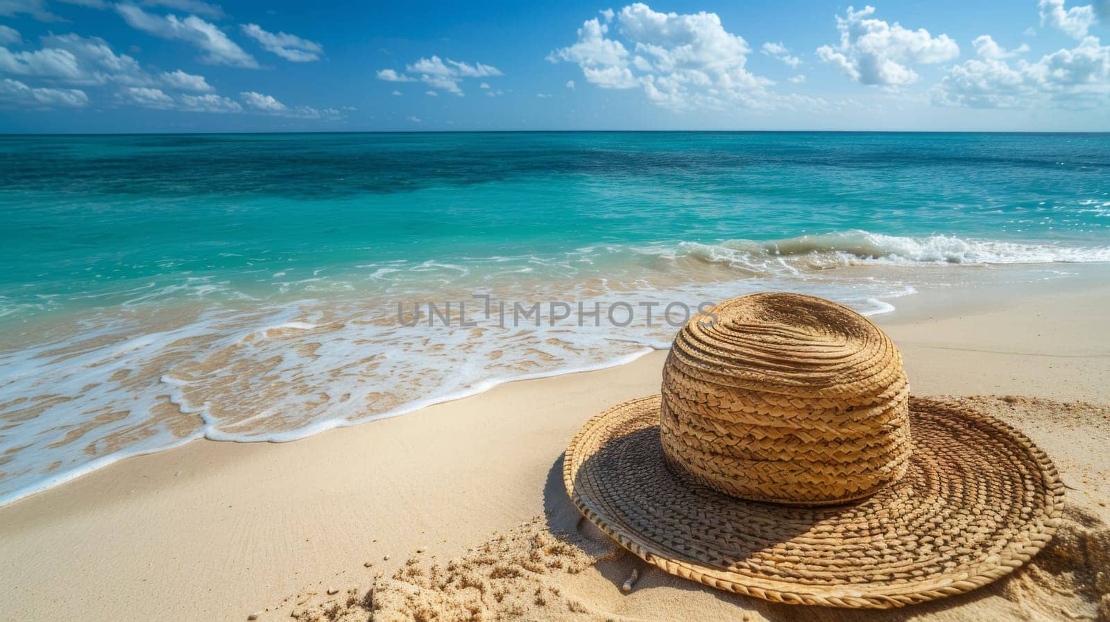 A straw hat on the beach next to a blue ocean