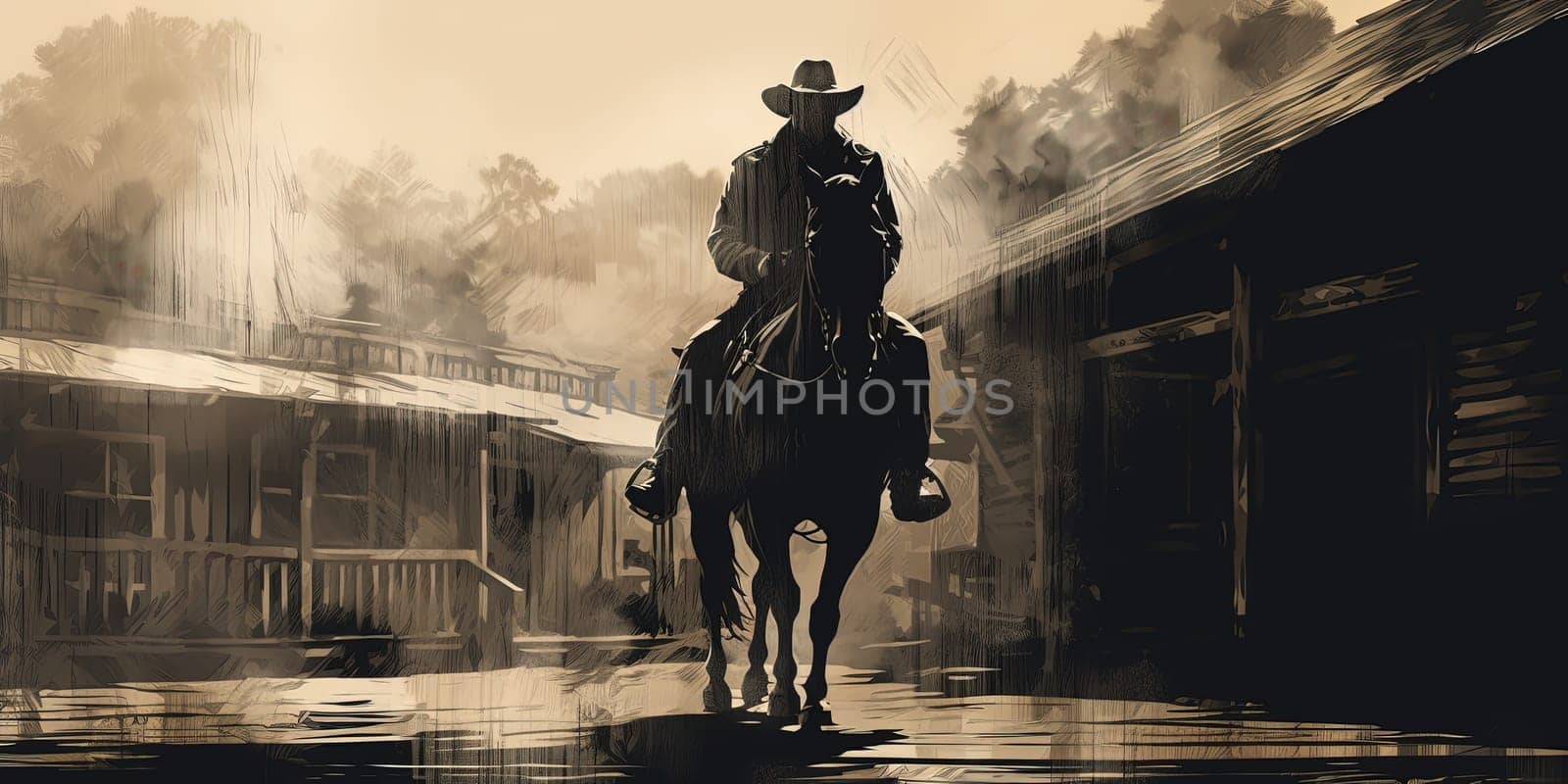 A captivating scene of a cowboy on horseback in vintage Western town