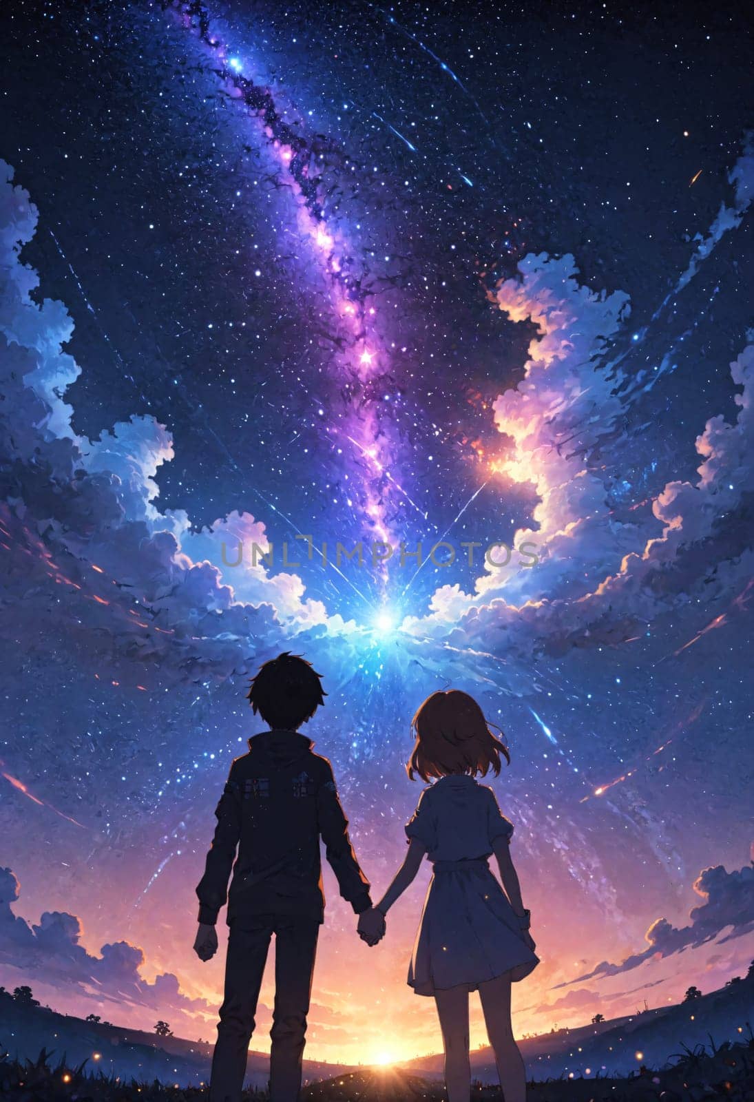 Two young people sharing a romantic moment, holding hands under the vast starry sky. The atmosphere is filled with love and happiness, surrounded by the beauty of nature