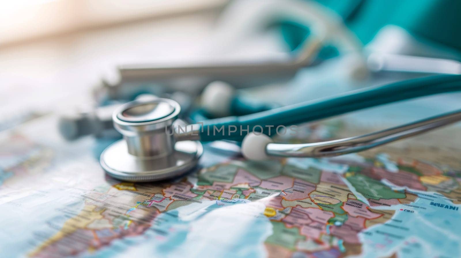 A stethoscope and a medical tape on top of the world map, AI by starush