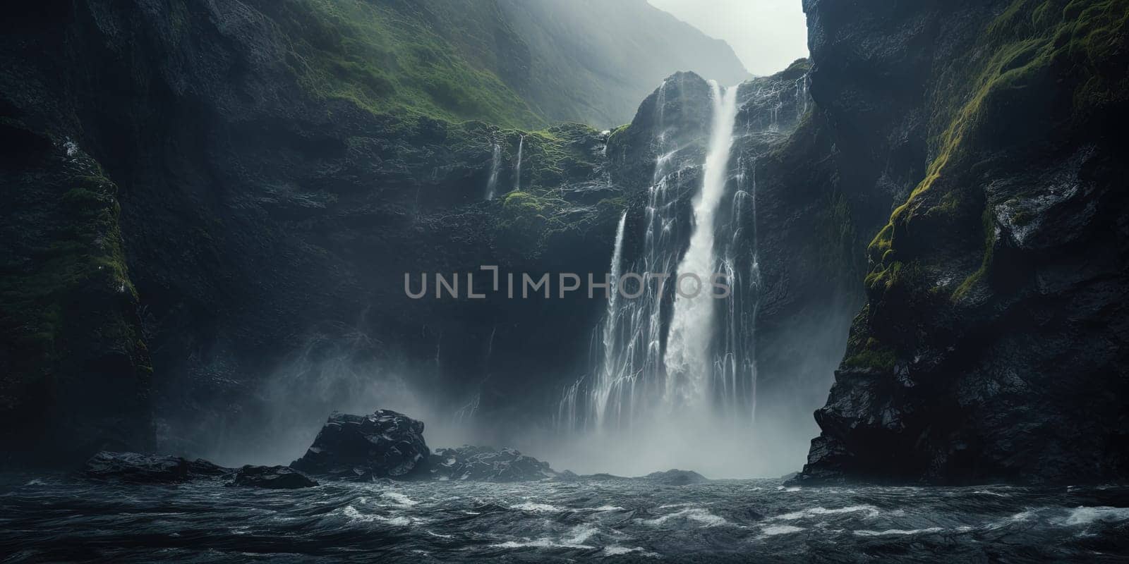 Abyss with a cascading waterfall, captured with stunning realism, the water plummeting into depths