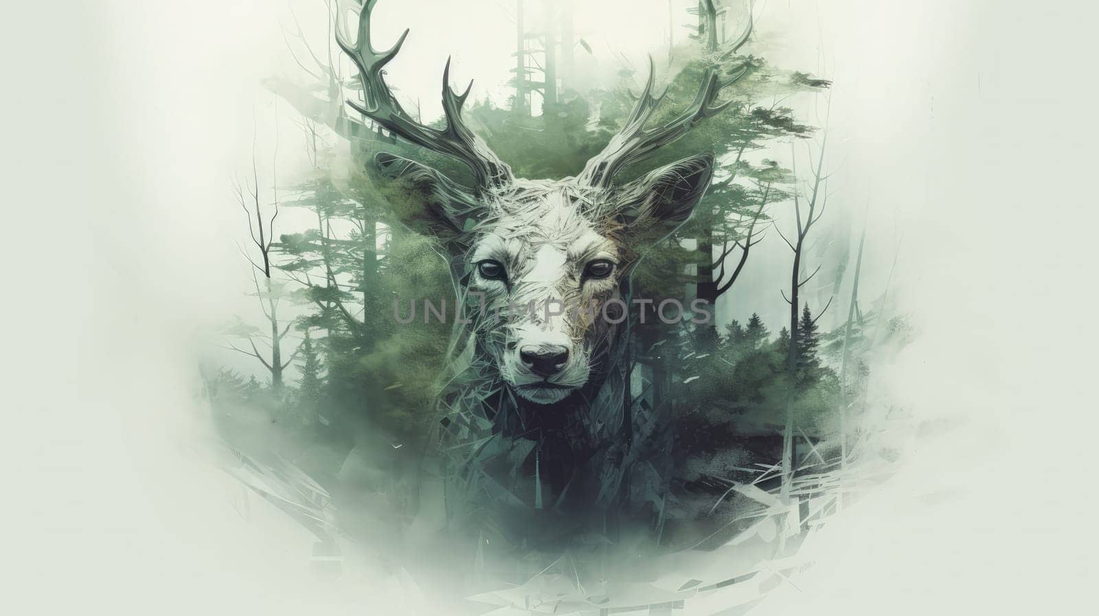 A forest spirit portrayed through double exposure, the ethereal and mystical blending of natural elements creating a harmonious and enchanting visual narrative by Kadula