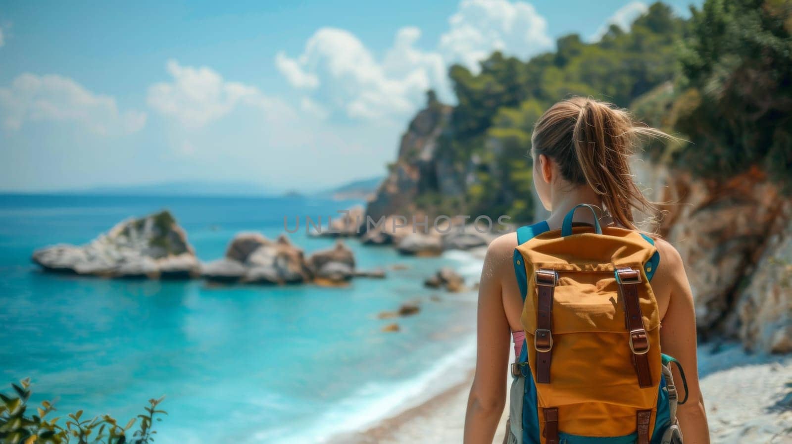 A woman with a backpack on the beach looking at water