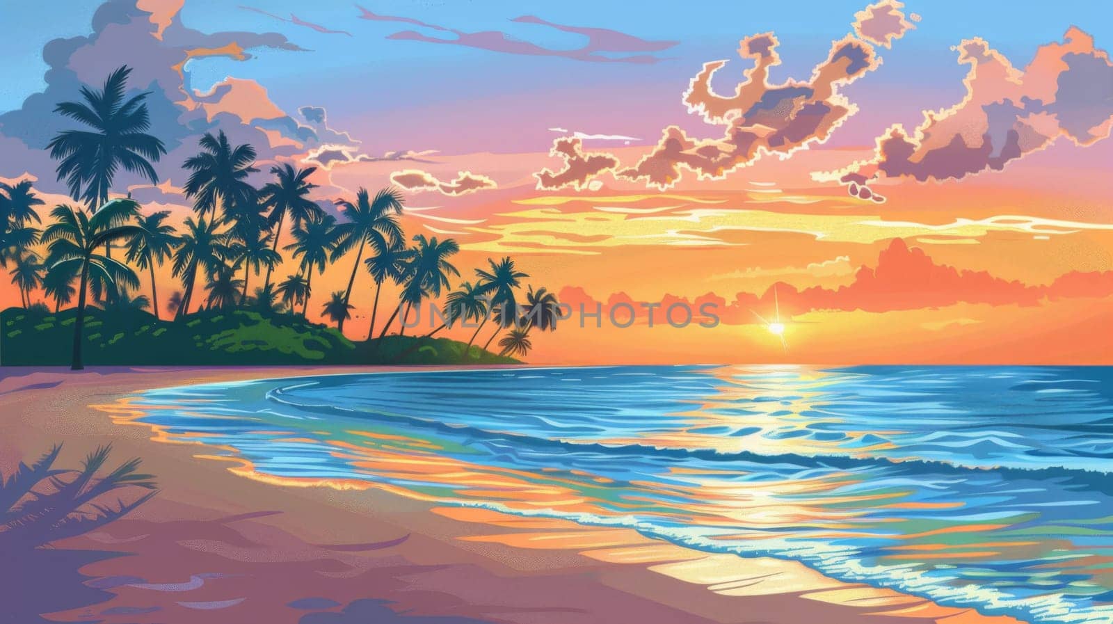 A painting of a sunset on the beach with palm trees