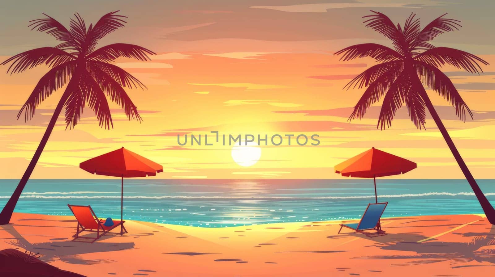 Two chairs and a beach umbrella on the sand at sunset