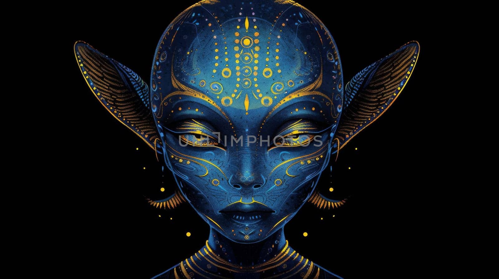 A blue alien with gold and black paint on its face, AI by starush