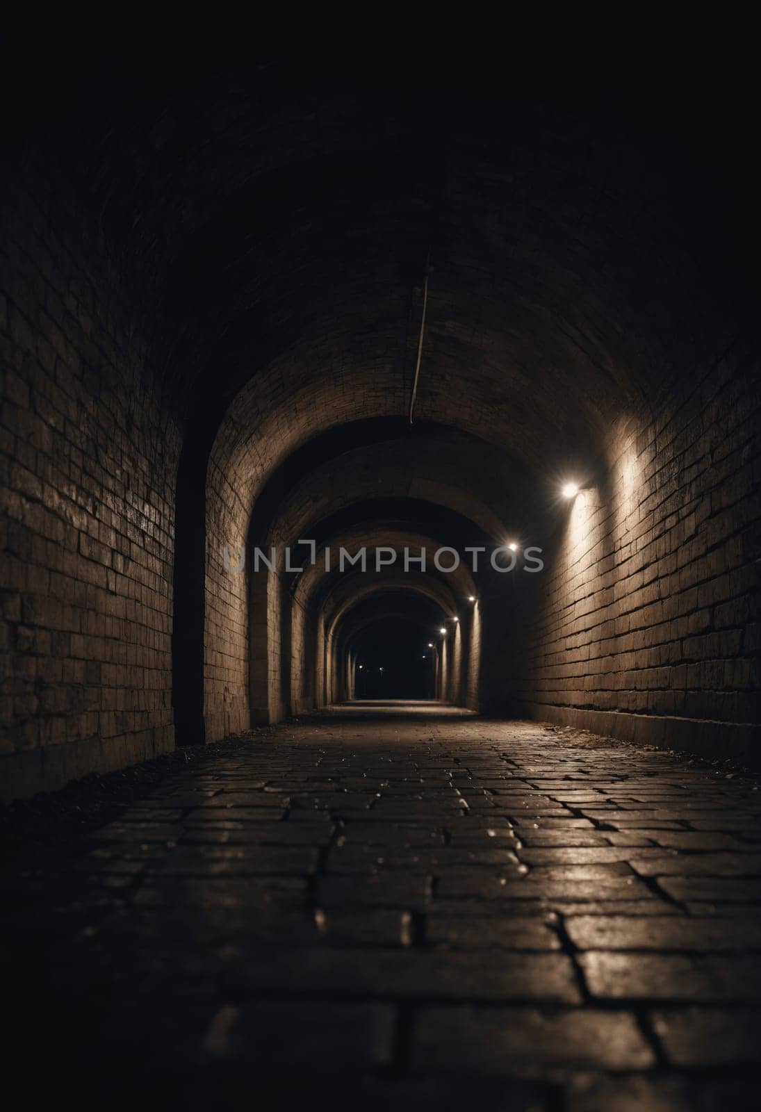 Experience a hypnotic journey through an illuminated tunnel. The side lights, overexposed, appear to guide the way on the slightly wet asphalt floor.