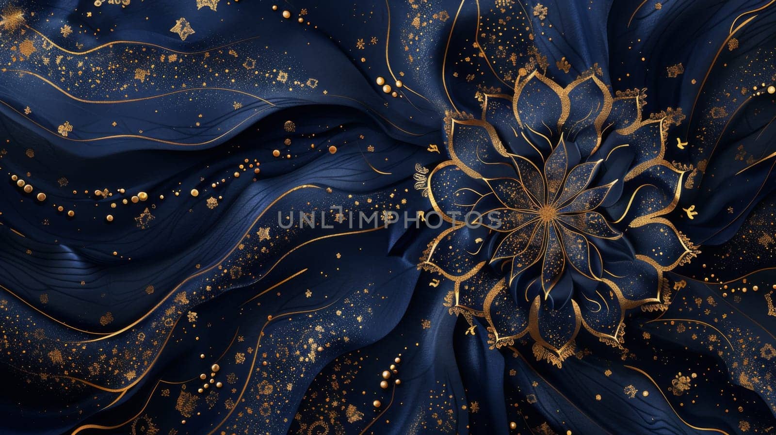 A close up of a blue flower with gold and black designs