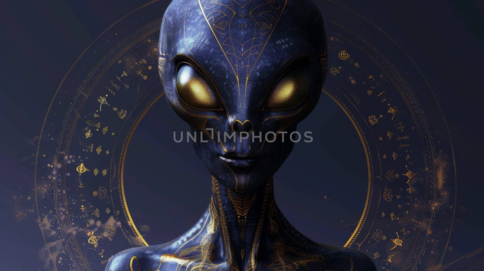 A close up of a blue alien with gold eyes and glowing lines, AI by starush