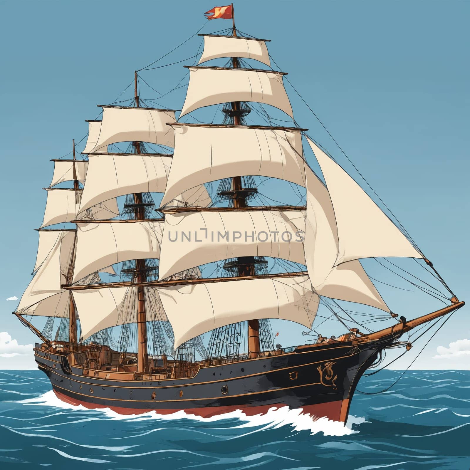 A highly detailed classic sailing ship enhanced with subtle watercolor tones.