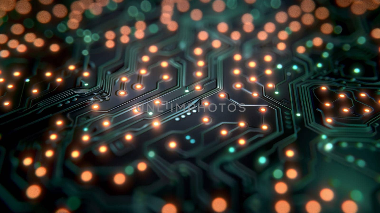 A close up of a circuit board with many lights on it