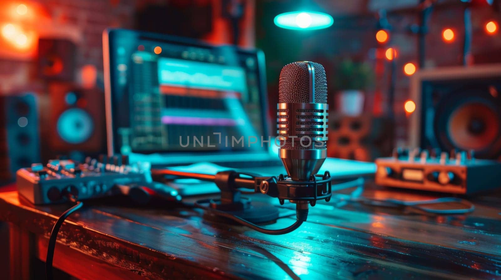 A microphone sitting on top of a wooden table next to an electronic device