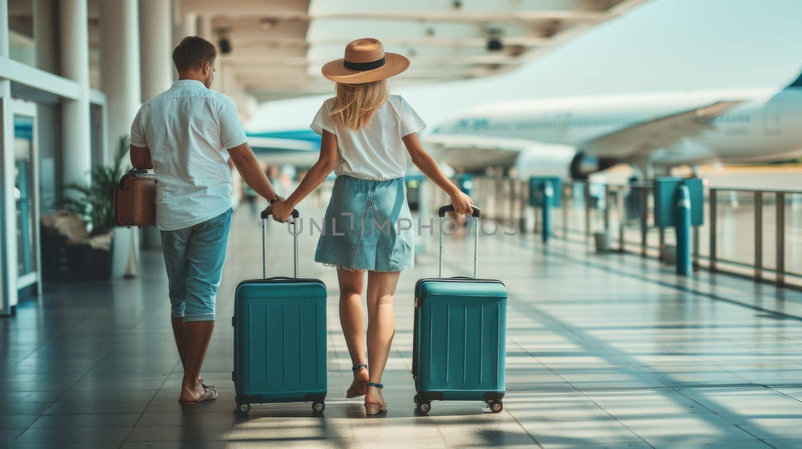 A man and woman walking with two suitcases in an airport