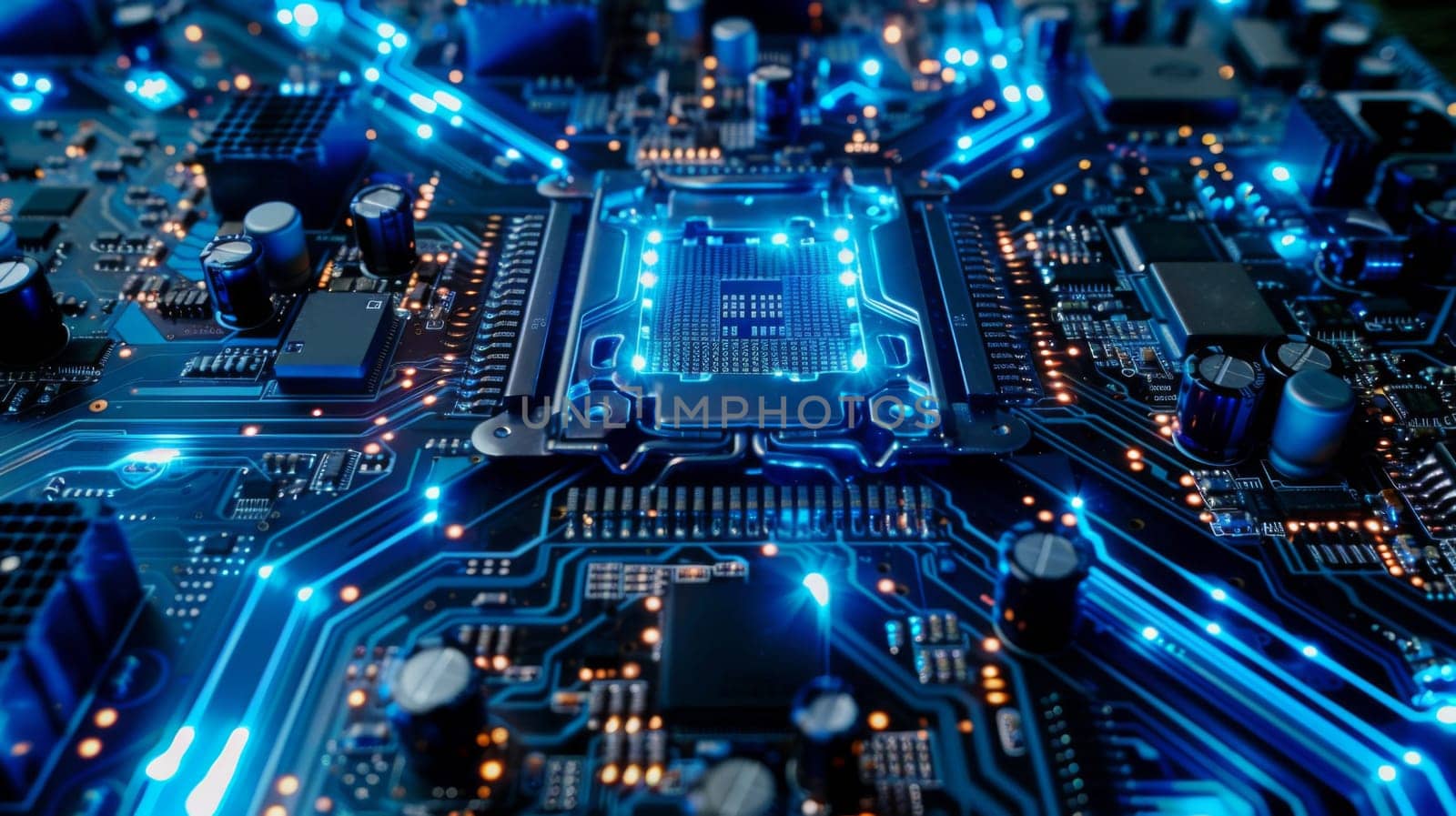 A close up of a computer motherboard with blue lights, AI by starush
