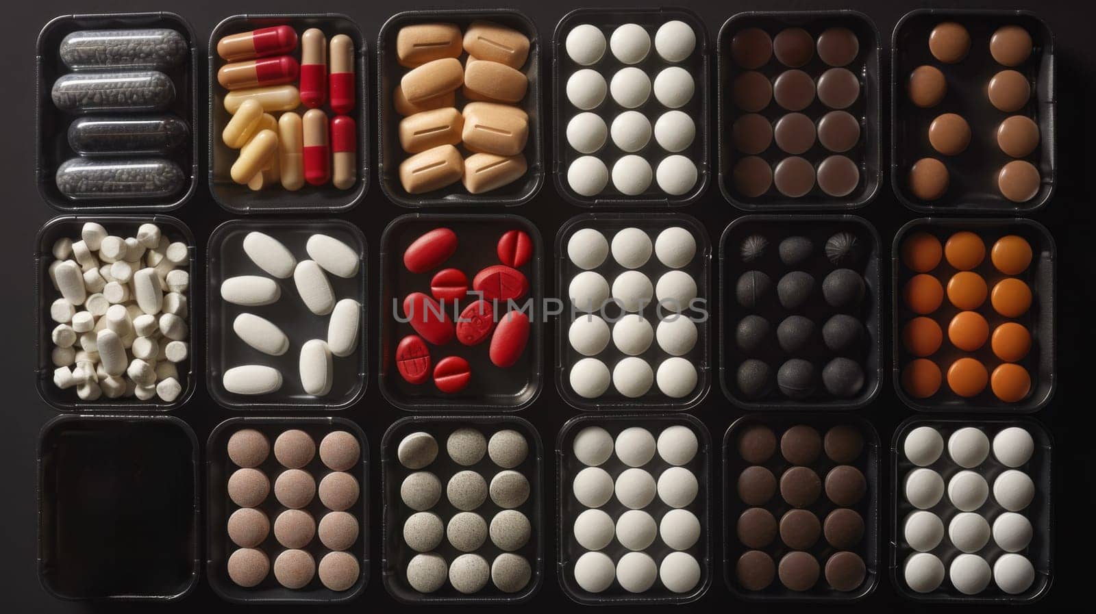 A bunch of different types and sizes of pills in black containers