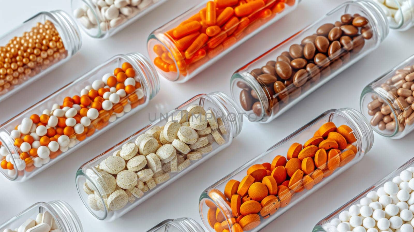 A bunch of different types and colors of pills in glass jars