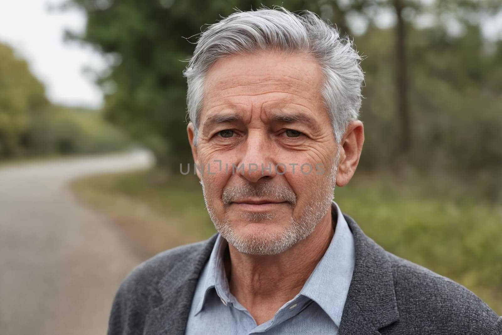 A calming shot of a senior individual in nature, dressed in a blue top with silver hair, showing moments of solitude and peace.