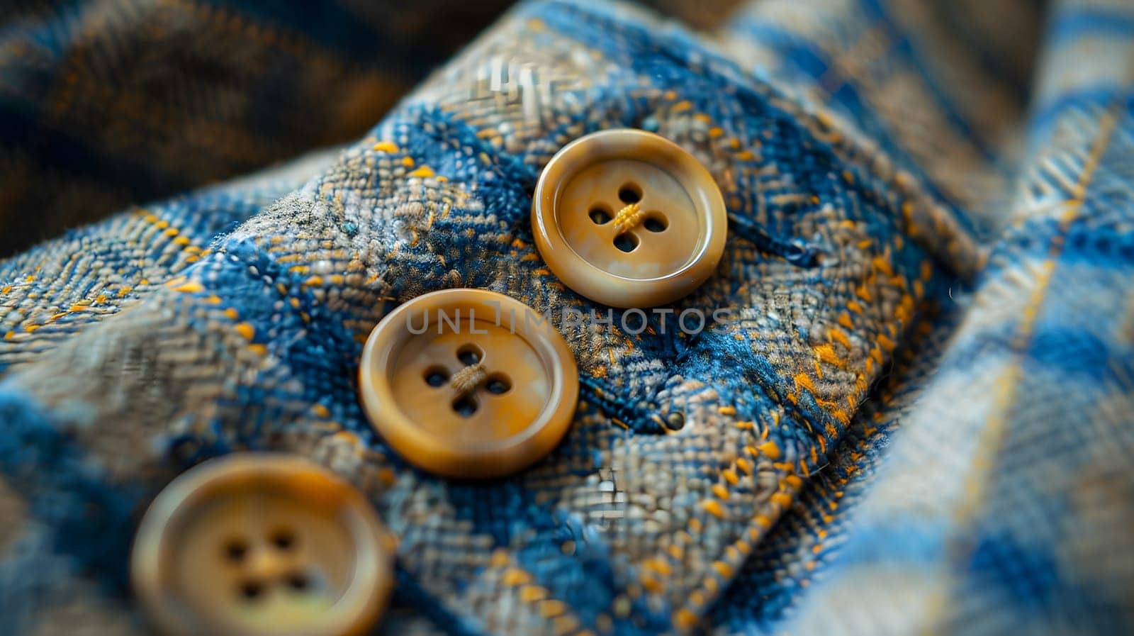A closeup shot of three electric blue buttons on a stylish blue and yellow plaid shirt, showcasing a beautiful pattern and a fashion accessory made of metal and wood