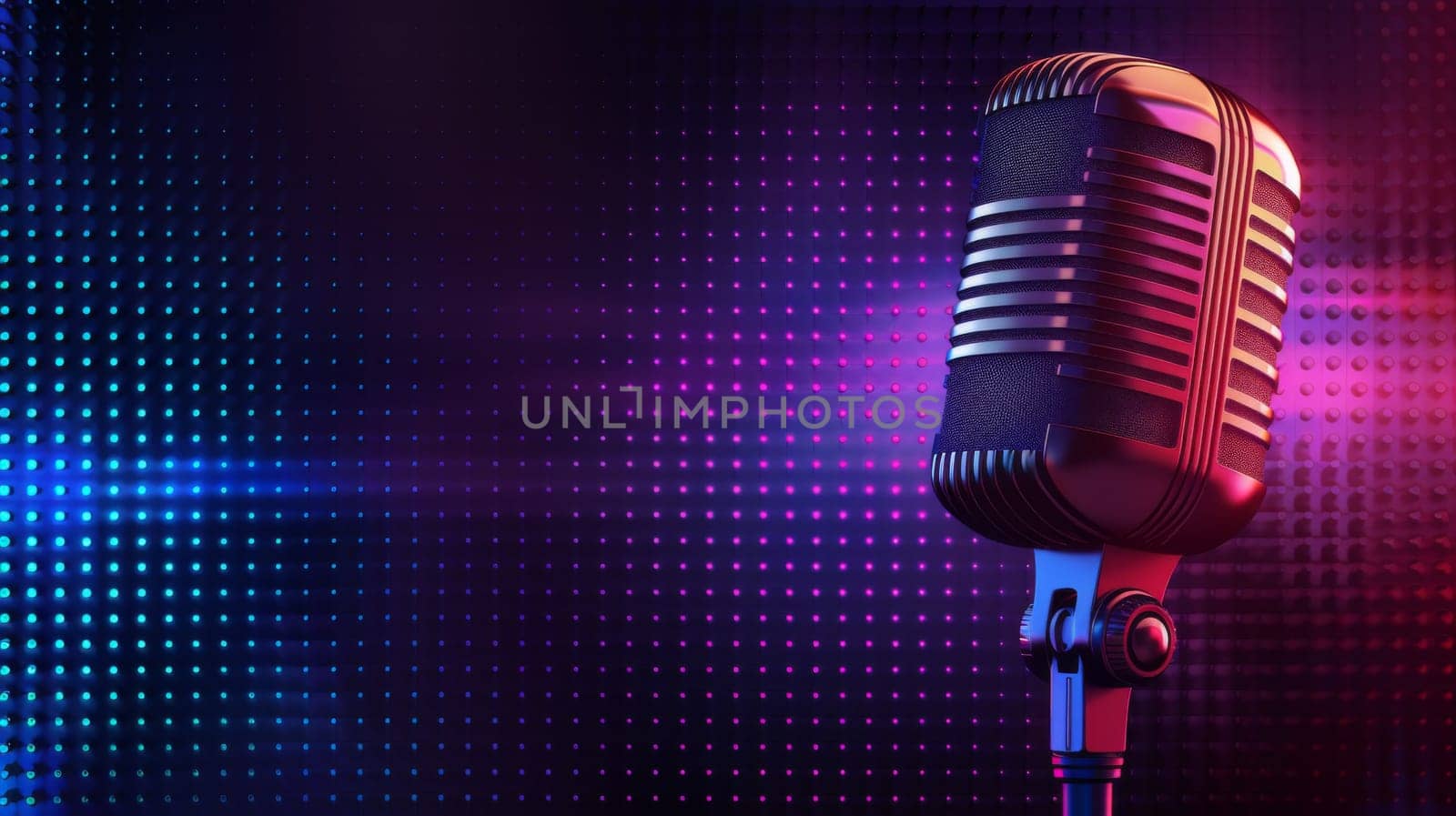 A microphone on a stage with colorful lights behind it