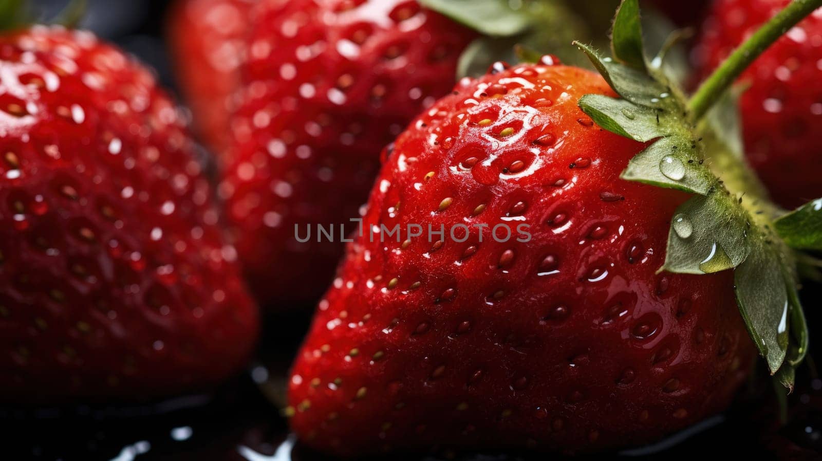 Group of ripe strawberries nestled in a vintage wooden basket, capturing the luscious red tones and the glistening droplets of water on their surface by Kadula