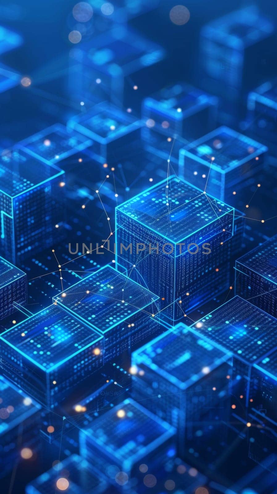 A blue and white image of a city with dots