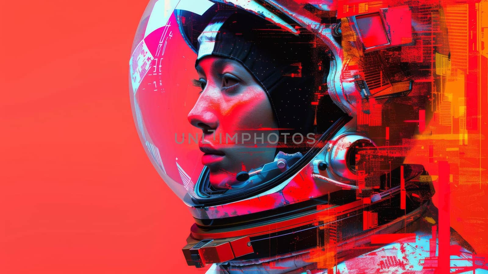 A woman in a space suit with an orange background