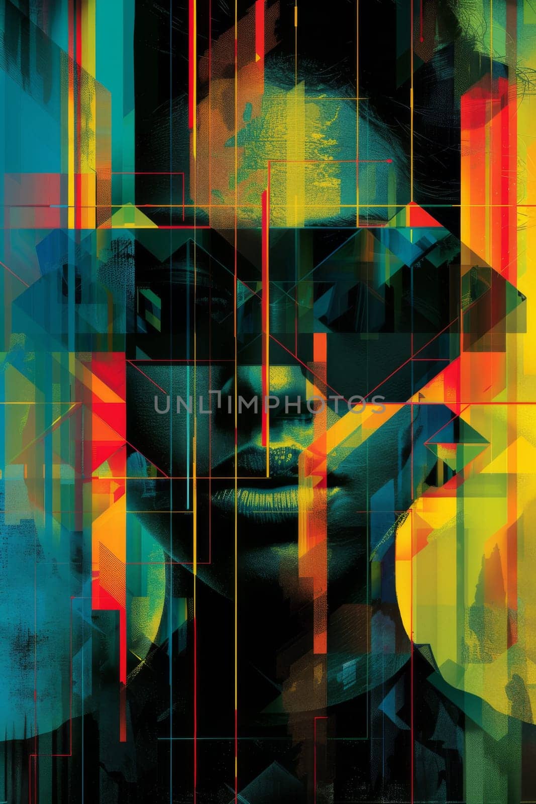A woman with a colorful background and geometric shapes