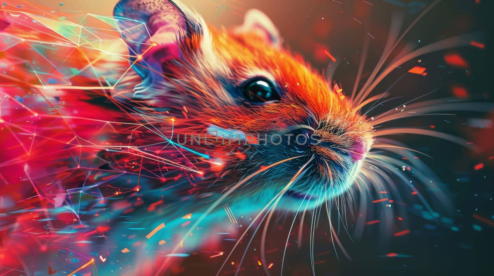 A close up of a colorful rodent with many colored particles
