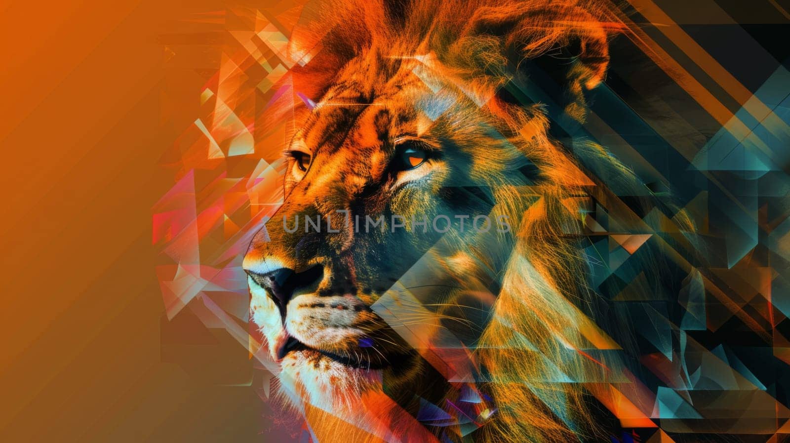 A lion is shown in a geometric pattern with orange and blue colors
