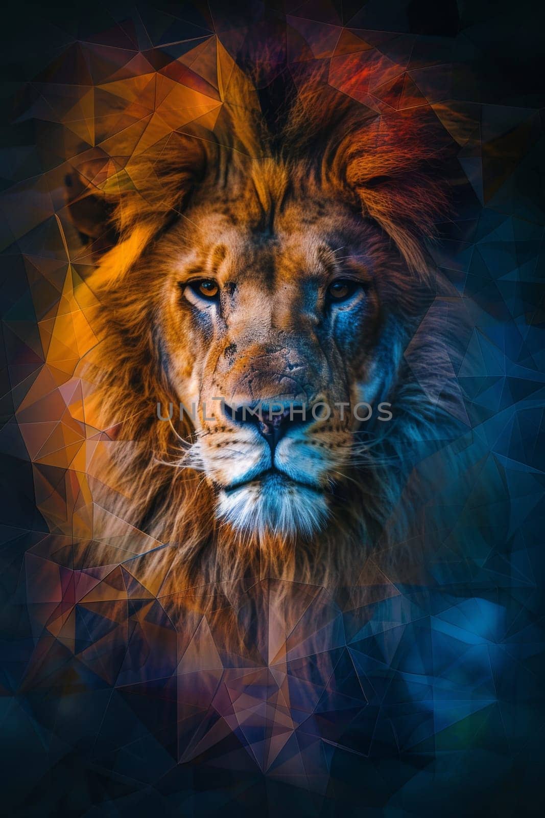 A lion is shown in a geometric pattern with blue and green colors