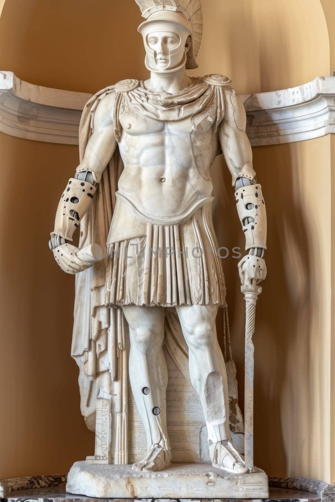 a fictional statue of a roman soldier with robotic arms holding an axe and shield