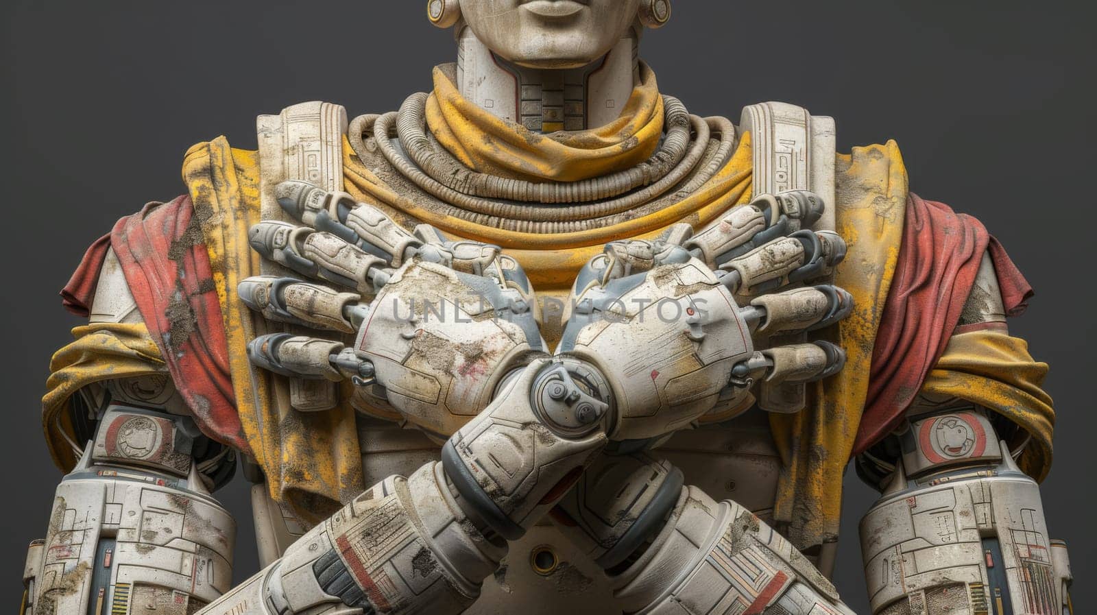 a fictional statue of a robot with arms crossed and hands on hips, AI by starush
