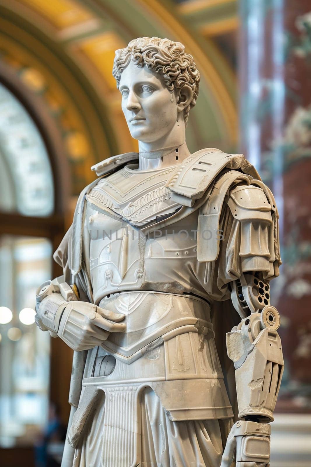 a fictional statue of a man in armor standing next to some other statues