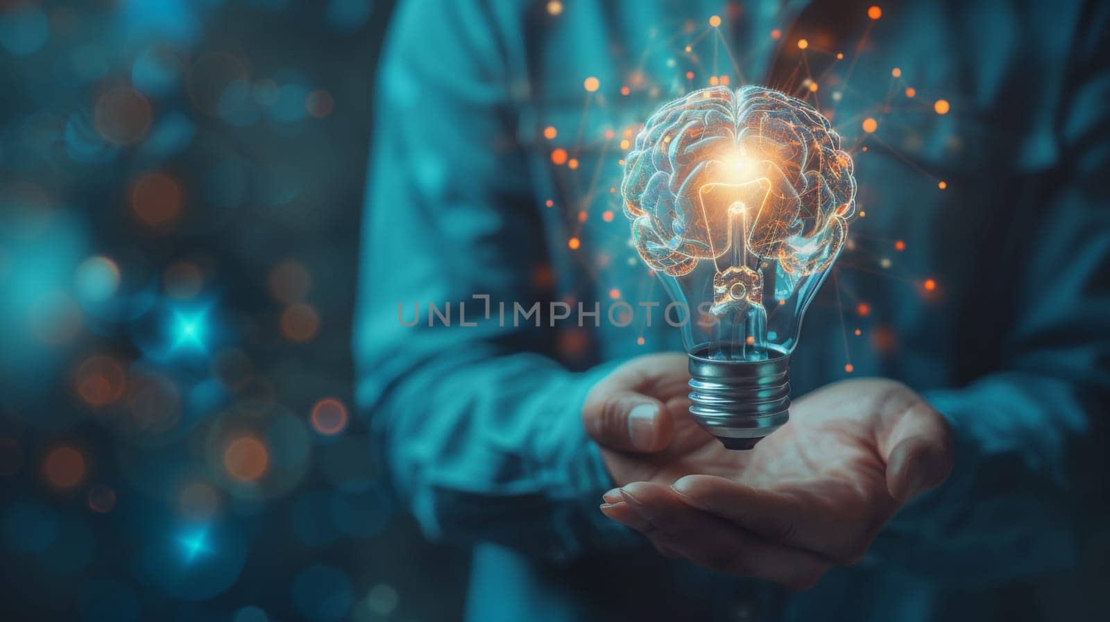 A person holding a light bulb with glowing brain inside, AI by starush