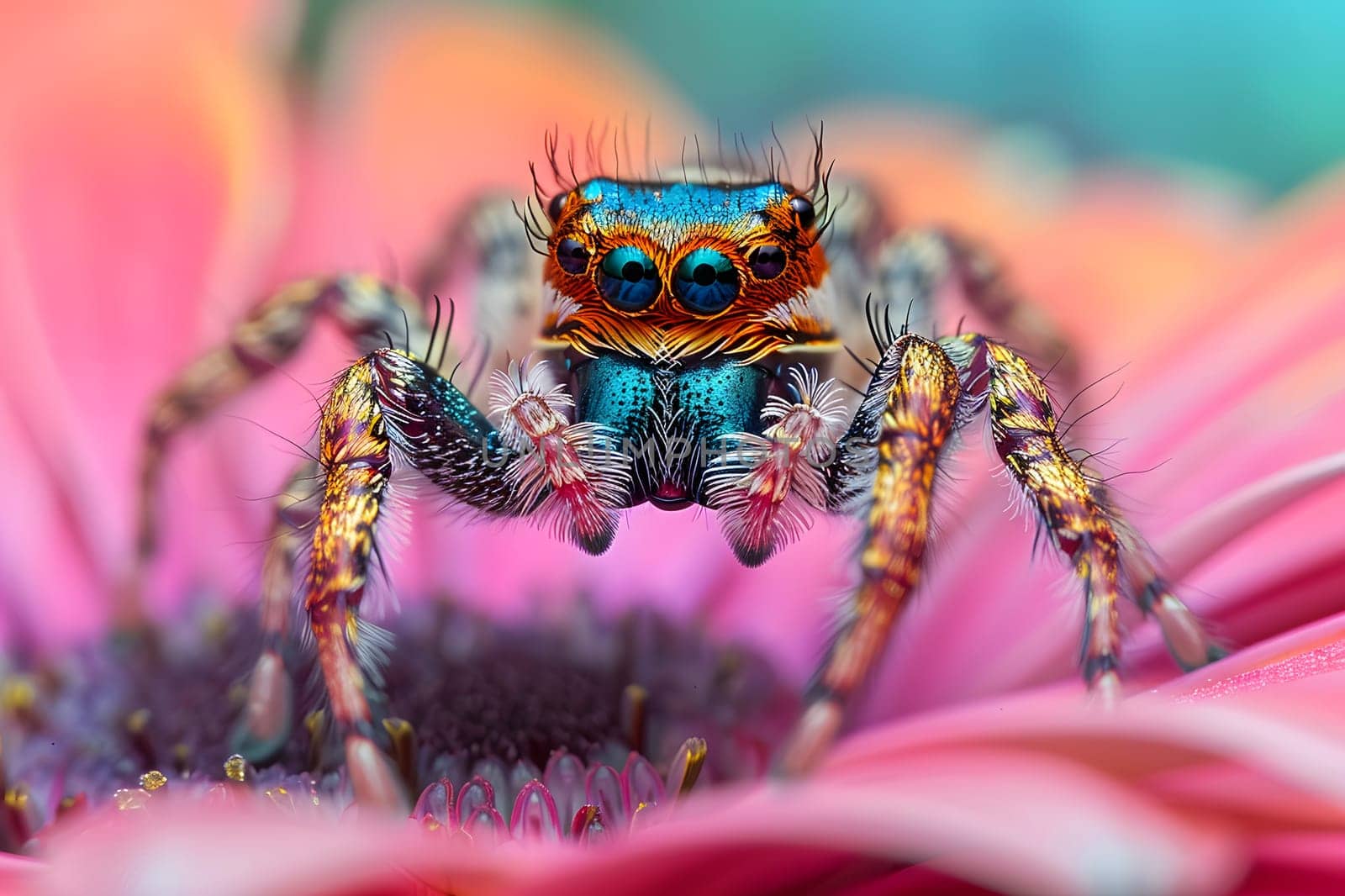 Arthropod Insect, jumping spider, on magenta flower in natural environment by Nadtochiy