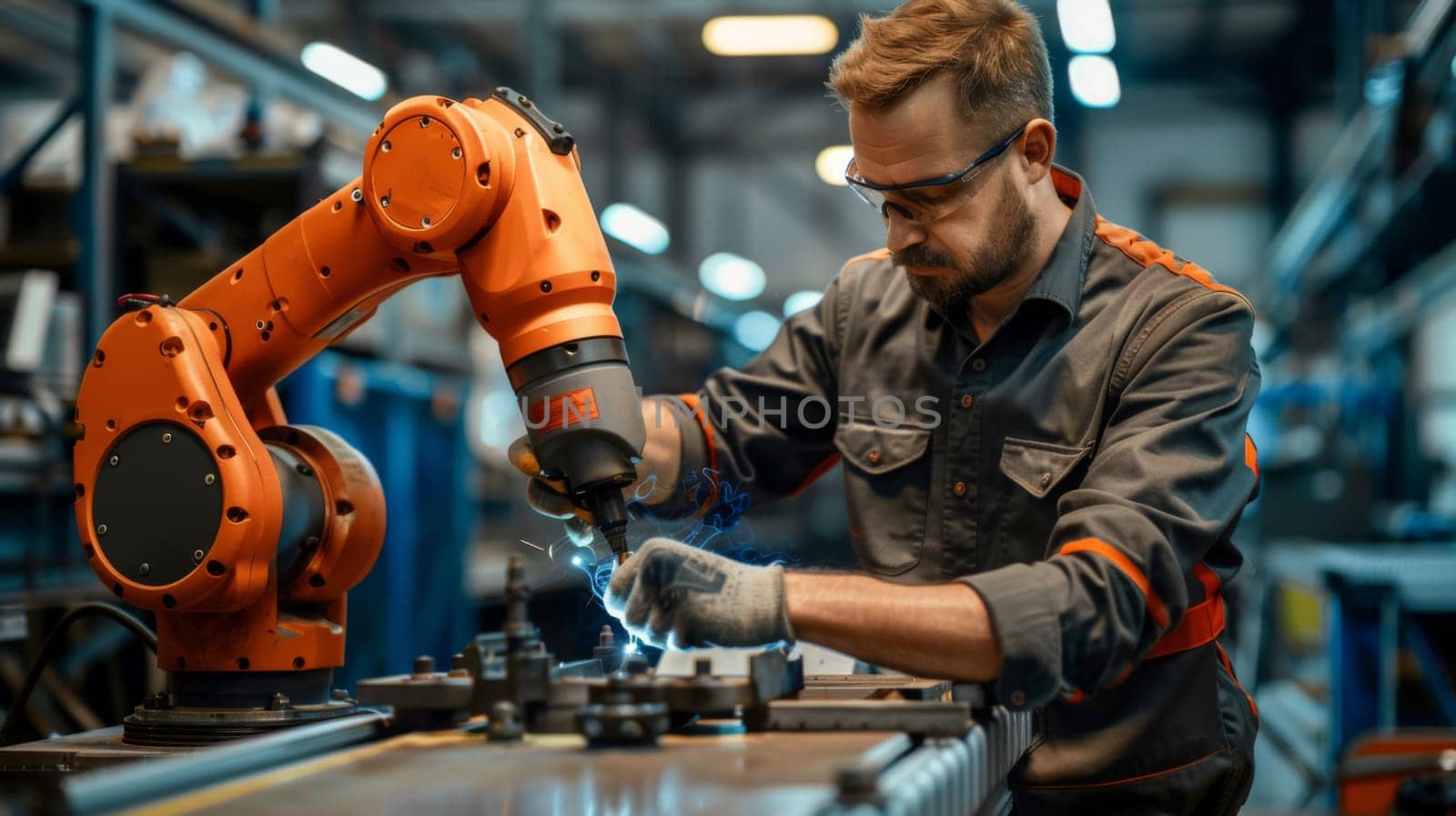 A man working on a robot in an industrial setting