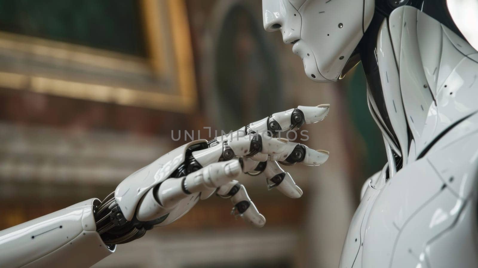 A robot hand is touching a human finger in the picture, AI by starush