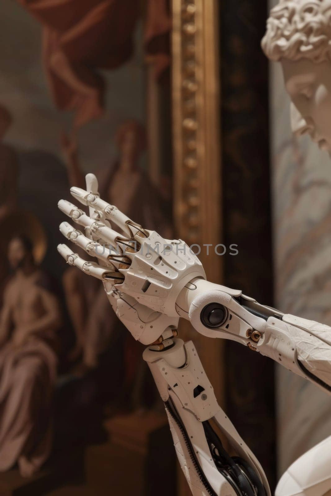A robot with hands folded in prayer pose next to a painting