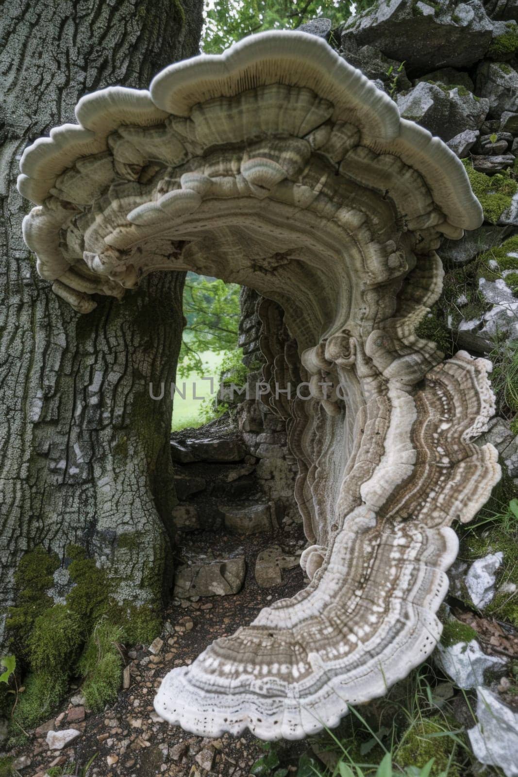 A large mushroom growing out of a tree trunk in the woods