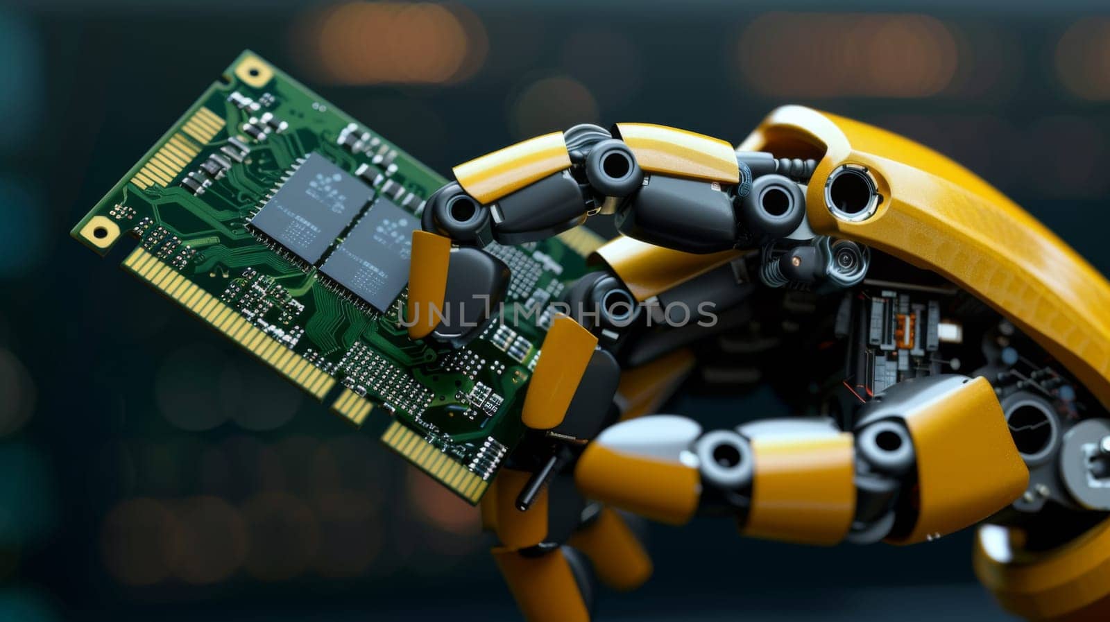 A robot hand holding a computer chip in its palm