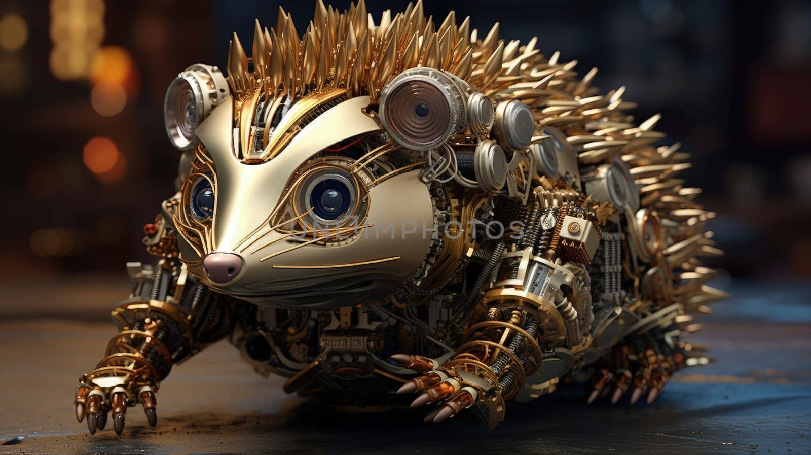 A fascinating depiction of a hedgehog seamlessly integrated with mechanized forms, the fusion of natural spines and metallic components by Kadula