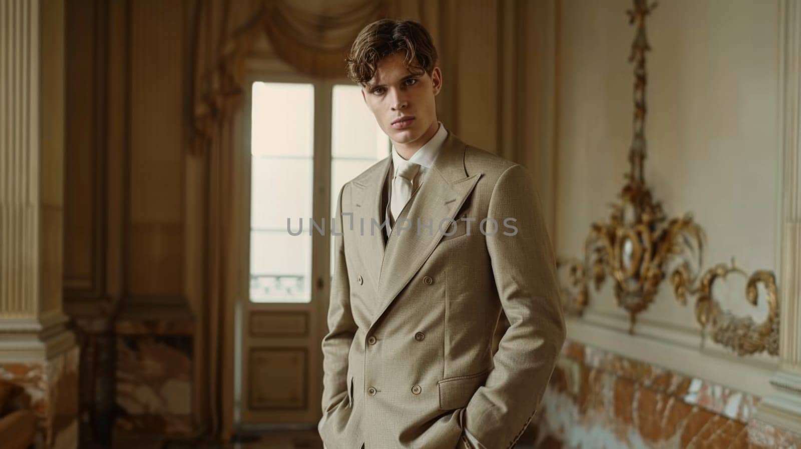 A man in a suit standing next to an ornate wall