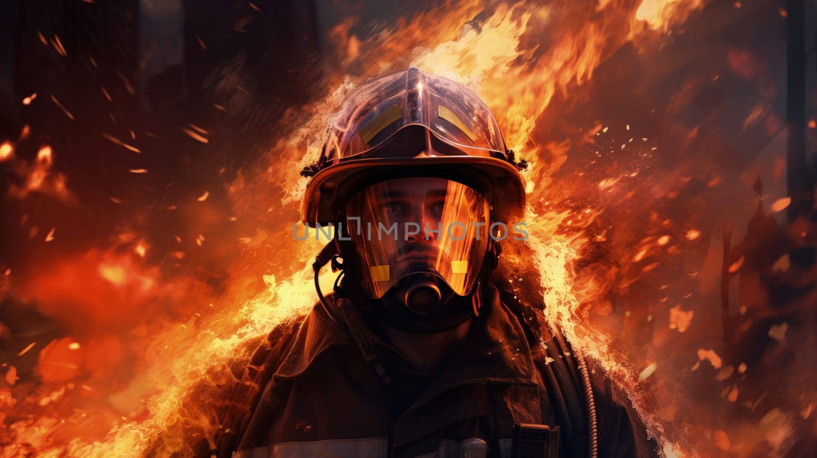 A courageous firefighter engulfed in the intense heat and flames of a raging fire, bravely battling the inferno with determined eyes and protective gear