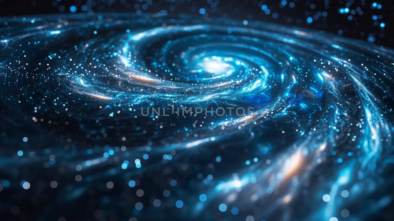 A spiral galaxy with blue and white lights