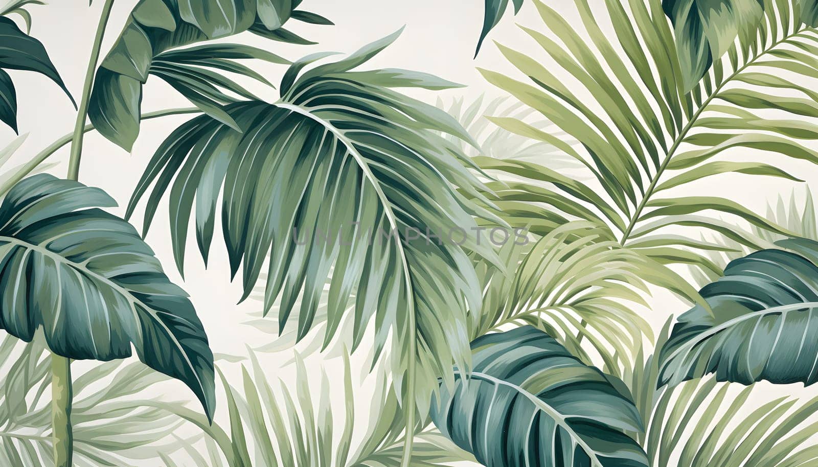 This photo showcases a wall completely covered with vibrant green palm leaves, creating a lush and tropical atmosphere.